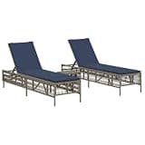 IBUQDDV Grey Poly Rattan Sun Loungers 2 Pcs with Table, Adjustable Backrest Outdoor Lounge Chairs with Thick Padded Cushions and Removable Washable Covers, Powder-Coated Steel Frame