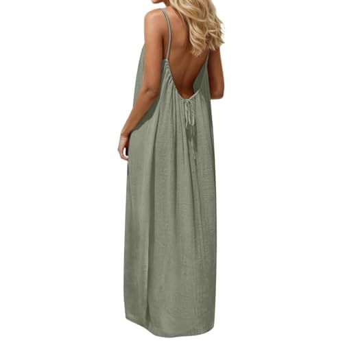 EEZCP Women's Cotton Linen Backless Loose Dress, Womens Summer Casual Sleeveless Backless Cami Dress Open Low Back Beach (Green-C,Small)