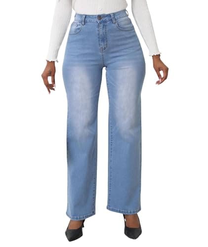 Sexyshine Women's Retro Straight Leg Denim Pants High Waist Baggy Loose Fit Washed Blue Vintage Long Jeans(31343LB,S)