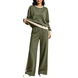 Oplxuo Women 2 Piece Sweatsuit Sets Crew Neck Long Sleeve Oversized Sweatshirt Contrast Trim Wide Leg Pants Fall Tracksuit