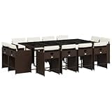 Kaorsrow 13 Piece Patio Dining Set with Cushions, Brown Poly Rattan Outdoor Furniture Set with Large Tempered Glass Table and 12 Folding Chairs for Backyard, Garden, and Deck