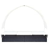 KMUNGDWG 2-Person Outdoor Chaise Lounge with Canopy, Adjustable 4 Positions Sun Lounger, Double Poly Rattan Sunbed with Removable UV-Proof Canopy, Water-Repellent Cushions for Patio Pool