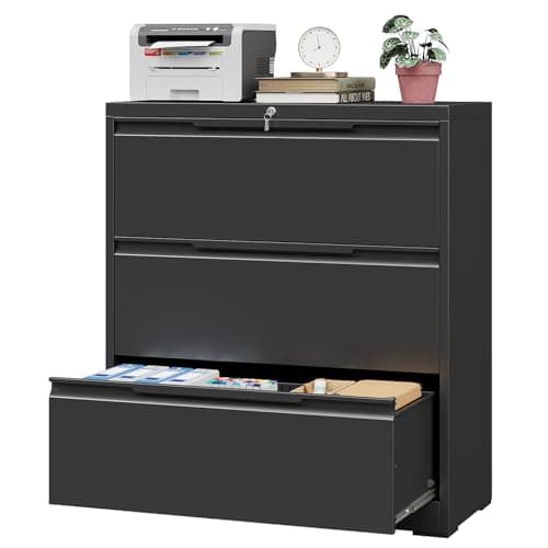 Korolado 3 Drawer Lateral File Cabinet with Lock, Heavy Duty Large Metal Filing Cabinet for Home Office for Letter/Legal/F4/A4 Size, Easy Assembly, Black
