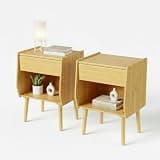 ZIYOO Nightstand Set of 2,Drawer Open Shelf, Mid Century Modern Bedside Table, Small End Table for Living Room&Small Spaces, Bedroom, Natural