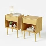 ZIYOO Nightstand Set of 2,Drawer Open Shelf, Mid Century Modern Bedside Table, Small End Table for Living Room&Small Spaces, Bedroom, Natural