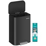 SONGMICS Kitchen Trash Can, 13-Gallon (50 L) Garbage Can with Lid, Stainless Steel, Soft Close and Stays Open, Inner Bucket, Wide Non-Slip Pedal, Ink Black ULTB547B01