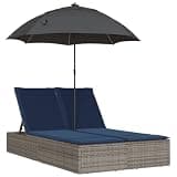 IBUQDDV Double Patio Sun Lounger with Adjustable Backrest, Cushions, Roof and Curtains, Gray Poly Rattan