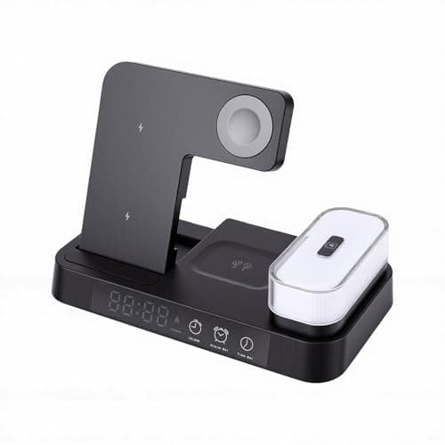 SENECESLI 4 in 1 Charging Station, MagneticWireless Charger Stand with Digital Alarm Clock, RGB Night Light and Fast Charging foriPhoneSamsungAndroid Phone Watch Earbuds (Black)