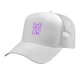Mens Women Purple Faith High, Tolerance Low WHT Graphic Trucker Hat with Adjustable Mesh Back, White