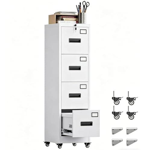 METAN 4 Drawer Metal File Cabinet on Wheels, Lockable Vertical Filing Storage for Letter Legal Size, Steel Organizer for Home Office, 14.96"x17.72"x54.13", Assembly Required, White