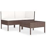 3 Piece Patio Lounge Set with Cushions, Poly Rattan Brown Sofa and Coffee Table, PE Rattan Patio Set with Removable Washable Cushions