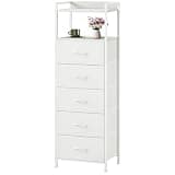 Somdot Tall Dresser for Bedroom, 5 Drawers Nightstand Vertical Storage Tower Unit, Night Stand Furniture with Fabric Drawer Organizer in Bedside Hallway, Entryway, Kids Room, Closet, White Leather