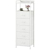 Somdot Tall Dresser for Bedroom, 5 Drawers Nightstand Vertical Storage Tower Unit, Night Stand Furniture with Fabric Drawer Organizer in Bedside Hallway, Entryway, Kids Room, Closet, White Leather