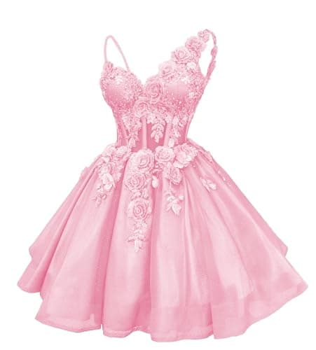 Ftupza Tulle Short Homecoming Dresses for Teens Lace Appliques Pink DAMA Dresses for Quinceanera 3D Floral Beaded Party Gown 0