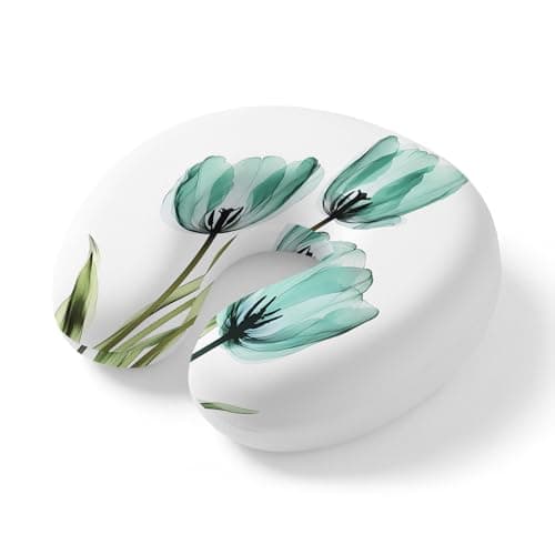 Turquoise Aqua Tulips Travel Neck Pillow Memory Foam,Hand Neck Support Airplane Pillow for Traveling Bed Car Office Home,Spring Floral Botanical Plant Flight Pillows with Removable & Washable Cover