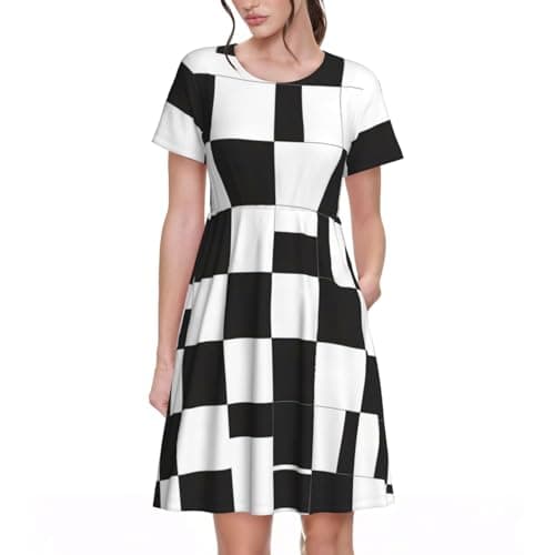 VAFZASC Soft Short Sleeve Dress for Women, Summer Swing Dress Race Waving Checkered Black and White Round Neck Sundress for Work Outdoor Sports Party Holiday Decor, Small