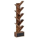 Rolanstar Tree Bookshelf with Drawer, 9 Shelf Bookshelf, Wooden Bookcase Storage Rack for CDs/Movies/Books, Corner Bookshelves, Utility Organizer Shelves for Living Room, Bedroom, Rustic Brown