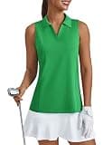 PINSPARK Polo Shirts for Women Sleeveless V-Neck Golf Shirt UPF 50+ Workout Tank Tops Quick Dry Tennis Pickleball Running Top,Green M