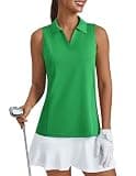 PINSPARK Polo Shirts for Women Sleeveless V-Neck Golf Shirt UPF 50+ Workout Tank Tops Quick Dry Tennis Pickleball Running Top,Green M