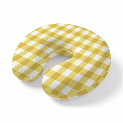 Yellow Gradient Travel Neck Pillow Memory Foam,Hand Neck Support Airplane Pillow for Traveling Bed Car Office Home,Farm Plaid Buffalo Checkered Gingham Flight Pillows with Removable & Washable Cover