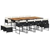 Kaorsrow Garden Dining Set for 12, Large Rectangular Outdoor Patio Furniture with Solid Acacia Wood Table, Black Poly Rattan Woven Chairs and Cushions for Terrace or Backyard Dining