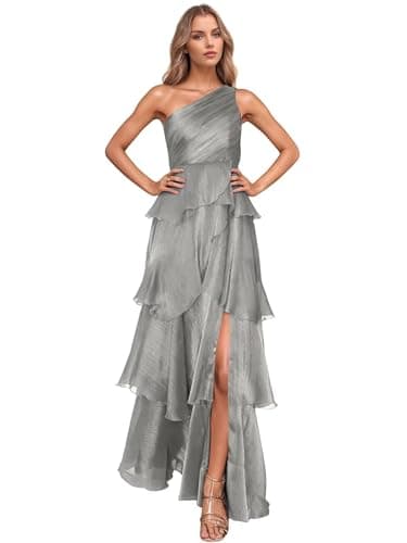 Women's Tiered Tulle Prom Dress Ruched A Line Ruffle Evening Dress One Shoulder Pleated Formal Party Gown with Slit Grey US26W