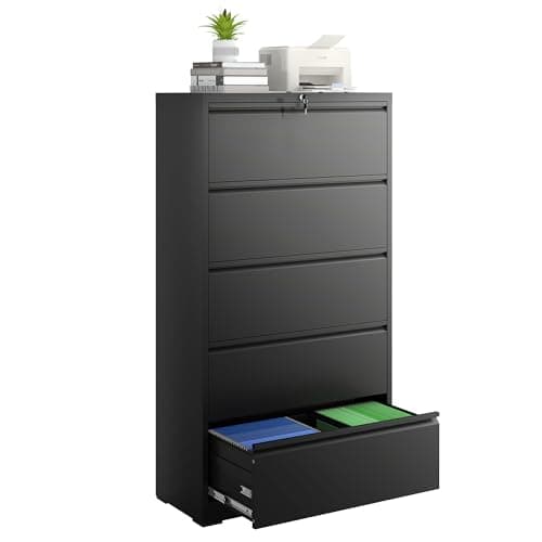 Glyxxen 5 Drawer File Cabinet with Lock, Lateral Filing Cabinets, Metal Storage Filing Cabinets for Home Office, Heavy Duty File Cabinet for Letter/Legal/A4/F4 Size Assembly Required, Black