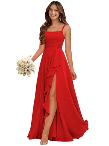 MCOLLNAS Red Chiffon Bridesmaid Dresses for Wedding Pleated Long A Line Cocktail Dress with Silt Size 8