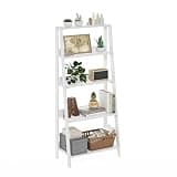 Furinno Ladder Book Shelf, 5-Tier Ladder Shelf, Bookshelf, Display Storage Shelves, 13 x 23.6 x 53.5, for Living Room, Home Office, Plain White