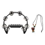 Handheld Tambourine with Metal Bells, Half Moon Hand Percussion Instrument, Black ABS Shell with Stainless Steel Jingles and Wooden Hanging Decor for Party Dance Concert