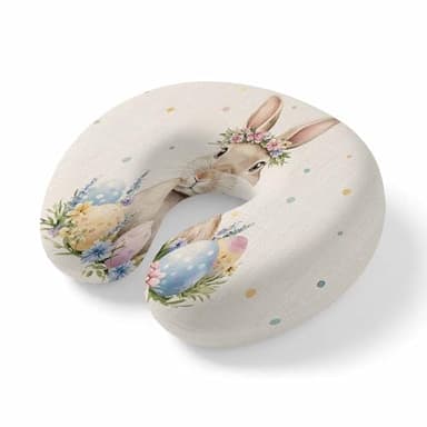 Travel Pillows U-Shaped Neck Pillow Easter Spring Flower Bunny Egg Ergonomic Memory Foam Pillow Head Cushion,Colorful Polka Dot on Burlap Soft Portable Neck Pillows for Office Airplane Car Train