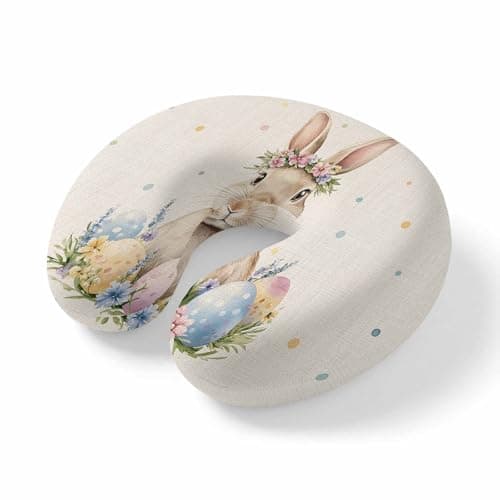 Travel Pillows U-Shaped Neck Pillow Easter Spring Flower Bunny Egg Ergonomic Memory Foam Pillow Head Cushion,Colorful Polka Dot on Burlap Soft Portable Neck Pillows for Office Airplane Car Train