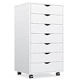 OLIXIS 7 Drawer Mobile File Cabinet Under Desk Storage Organization with Wheels Vertical Filing Chest Rolling Wood Small Desk Printer Stand for Home Office, 15.75"D x 18.74"W x 34.25"H, Classic White