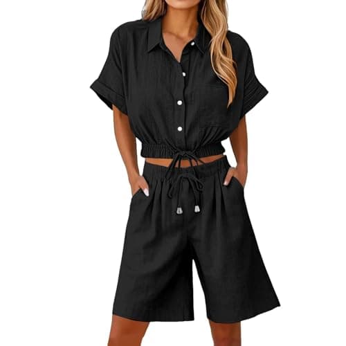 HGps8w Linen Bermuda Shorts Sets for Women 2 Piece Outfits Short Sleeve Crop Button Up Shirt Summer Lounge Sets with Pockets
