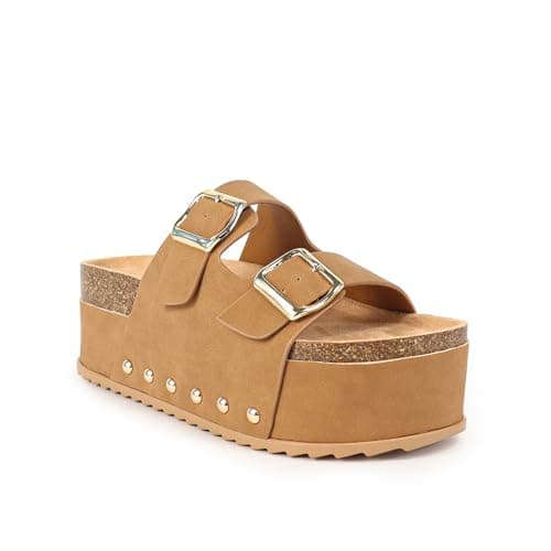 Liliana FOOTWEAR WOMEN'S DUO BUCKLE THICK PLATFORM SANDAL, TOYA-3 (Tan, US Footwear Size System, Adult, Women, Numeric, Medium, 8)