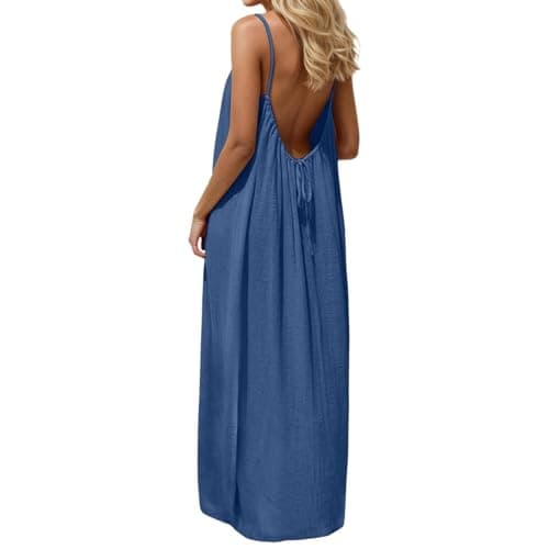 EEZCP Women's Cotton Linen Backless Loose Dress, Womens Summer Casual Sleeveless Backless Cami Dress Open Low Back Beach (Navy,XX-Large)