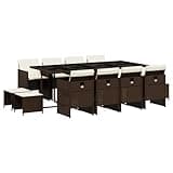 XHNIFBN 13 Piece Patio Dining Set with Cushions, Brown Poly Rattan Outdoor Furniture Set with 8 Chairs and 4 Stools, Tempered Glass Table, Space Saving Cube Design for Outdoor Spaces