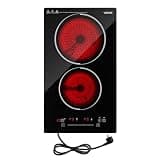 VEVOR Electric Cooktop 12inch 2 Burners Portable Stove Top 1800W 120V, Ceramic Countertop/Built-in Radiant Electric Stove, with 9 Power Levels, Timer, Child Lock, Over-Heat Guard, Touch Control