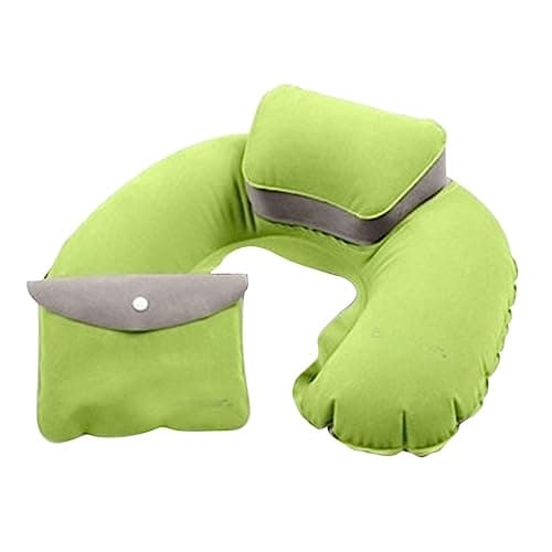 GRIRIW Flocking Inflatable U-Shape Pillow Earplugs Travel Neck and Cushion for Camping Airplane and Outdoor Use Green