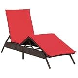 KMUNGDWG Adjustable Backrest Sun Lounger with Cushion, Brown Poly Rattan Outdoor Lounge Chair with 4-Position Backrest and 3-Position Footrest, Thick Padded Cushion with Removable Washable
