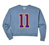 Womens Purple and Gold Number 11 Jersey Player Uniform #11 Fan Comfort Colors Crop Sweatshirt