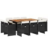 GHVBNMF 11 Piece Garden Dining Set, 10-Seater Outdoor Patio Furniture Set with Acacia Wood Table Top and Poly Rattan Wicker Chairs, Space Saving Dining Set for Backyard and Deck, Black