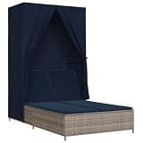 KMUNGDWG Patio Double Sun Lounger with Adjustable Backrest and Roof, Gray Poly Rattan Outdoor Lounge with Curtains and Thick Cushions
