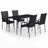 WRJENFSC 5 Piece Patio Dining Set, Outdoor Wicker Furniture with Rectangular Glass Top Table and 4 Rattan Chairs, Black Powder Coated Steel Frame Set for Backyard, Garden and Porch