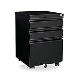 TERRUPEX 3 Drawer File Cabinet with Lock, 5 Wheels, Black Steel (Black)