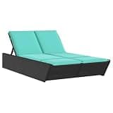 TUERYAFEK Patio Double Sun Lounger with Cushions, Black Poly Rattan Outdoor Lounge Chair with Adjustable Backrest and Removable Washable Cover, Powder-Coated Steel Frame