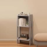 Modern Grey Wood Corner Bookshelf with Tall Cabinet Legs Rounded Edges Multi-Color Display Shelves Unique High-Low Design for Stylish Home Storage (31.5in)