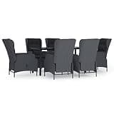7 Piece Patio Dining Set with Dark Gray Poly Rattan, Tempered Glass Table, and Adjustable Backrest Chairs for Outdoor Garden