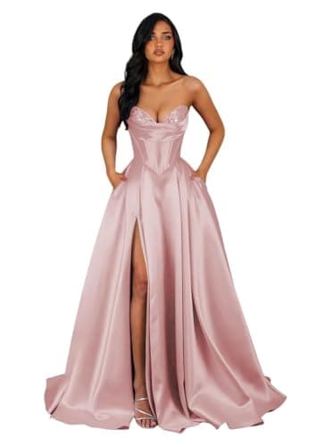 VKBRIDAL Women's Satin Sequin A-Line Prom Dresses Long Strapless Corset Formal Evening Party Dress Ball Gown with Pockets Slit US24w Blush Pink
