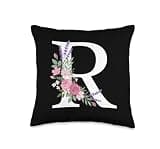 Monogram Initial White Letter R Pink Roses Purple sprigs Throw Pillow